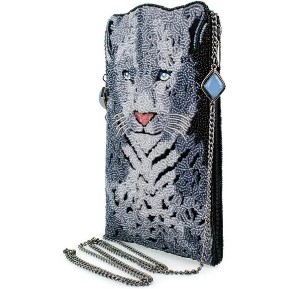 Wild Cat Snow Leopard Beaded Crossbody Cell Phone Bag Grey Black Evening Clutch